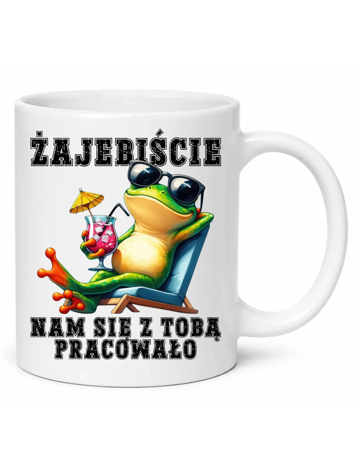Biały kubek z żabą na leżaku - Żajebiście nam się z Tobą pracowało