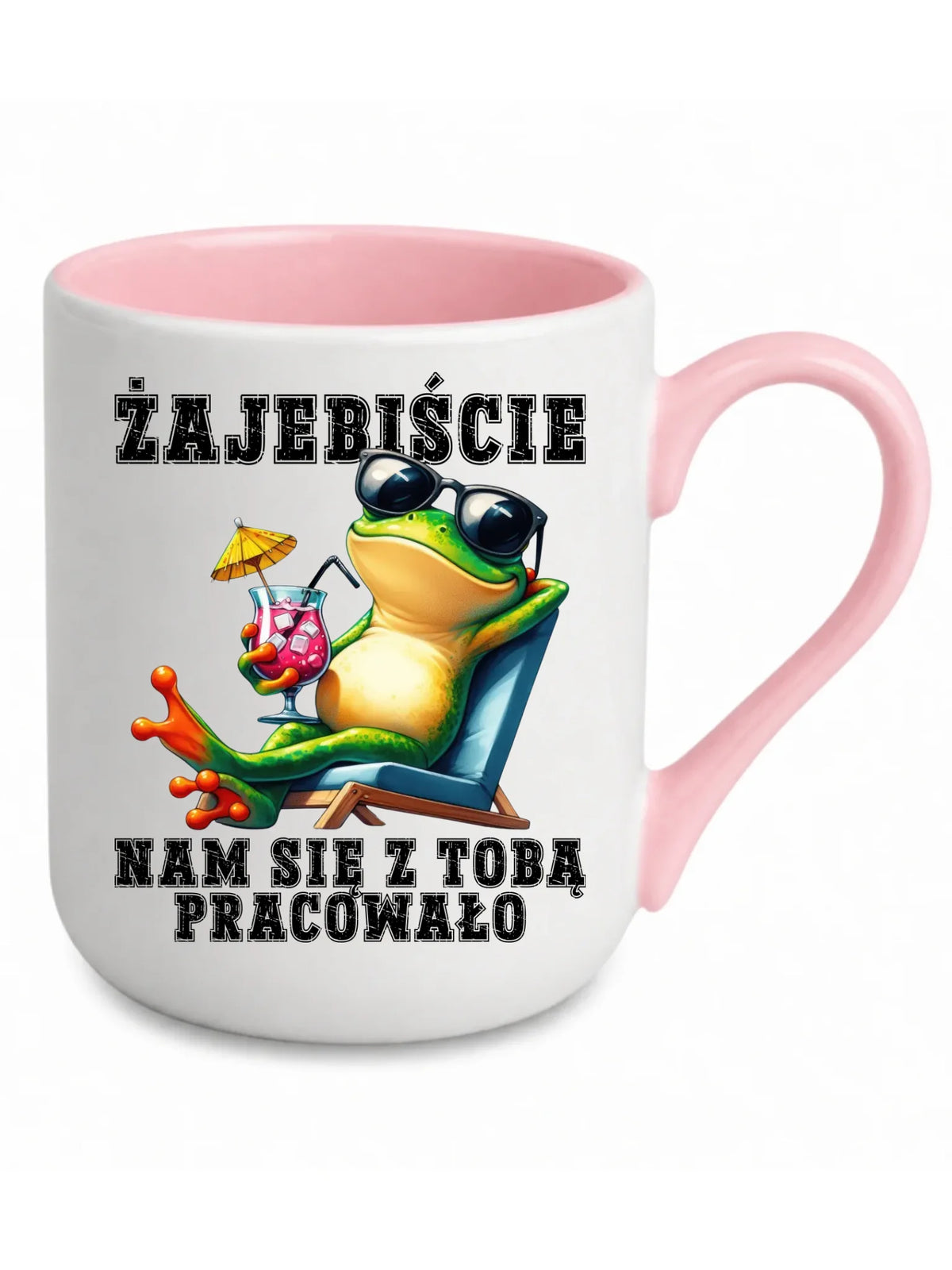 Biały kubek elegant z różowym środkiem i uchem dla współpracownika - Żajebiście nam się z Tobą pracowało