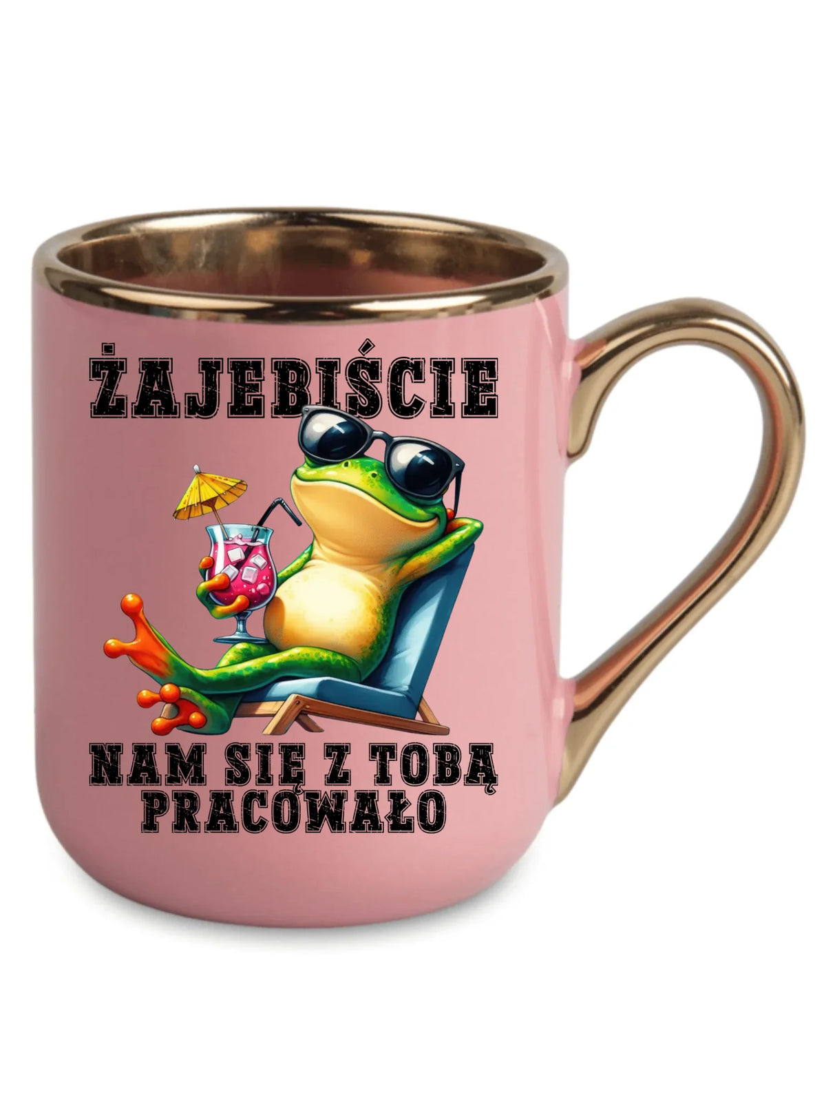 Różowy kubek elegant ze złotym rantem i uchem dla współpracownika - Żajebiście nam się z Tobą pracowało