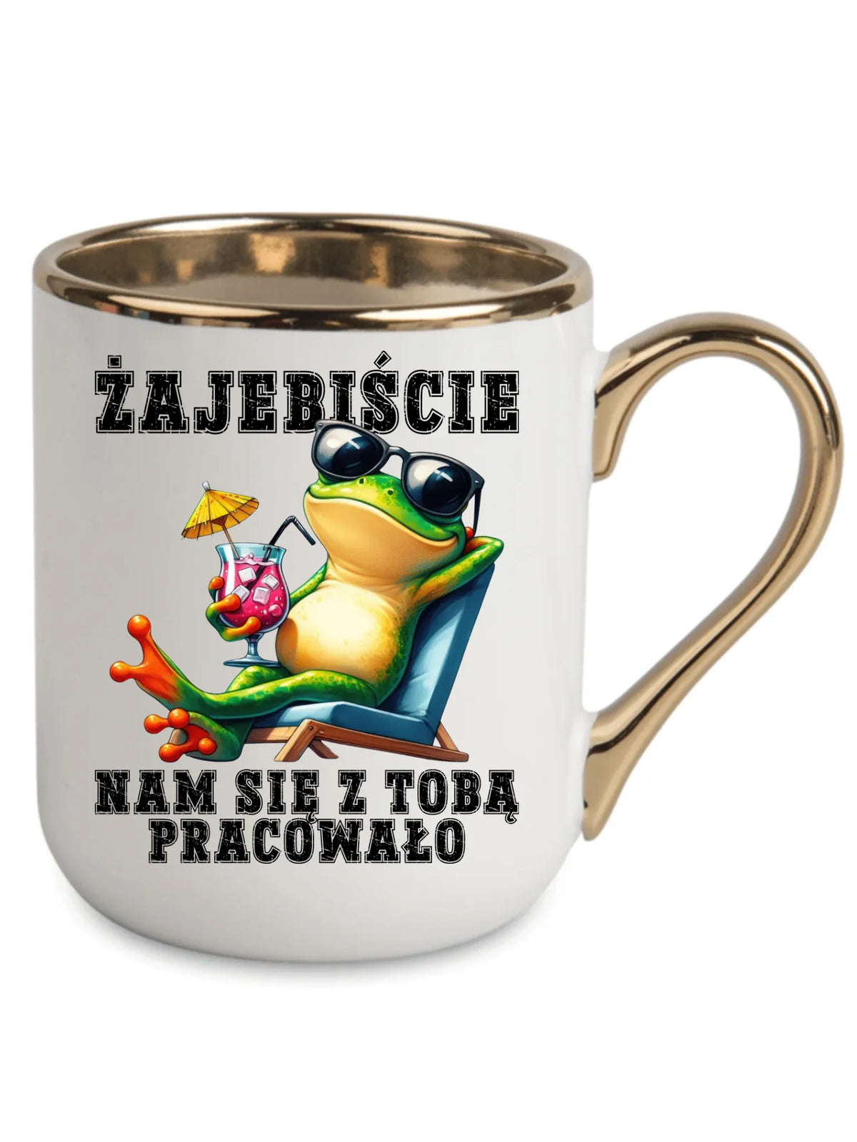 Biały kubek elegant ze złotym rantem i uchem dla współpracownika - Żajebiście nam się z Tobą pracowało
