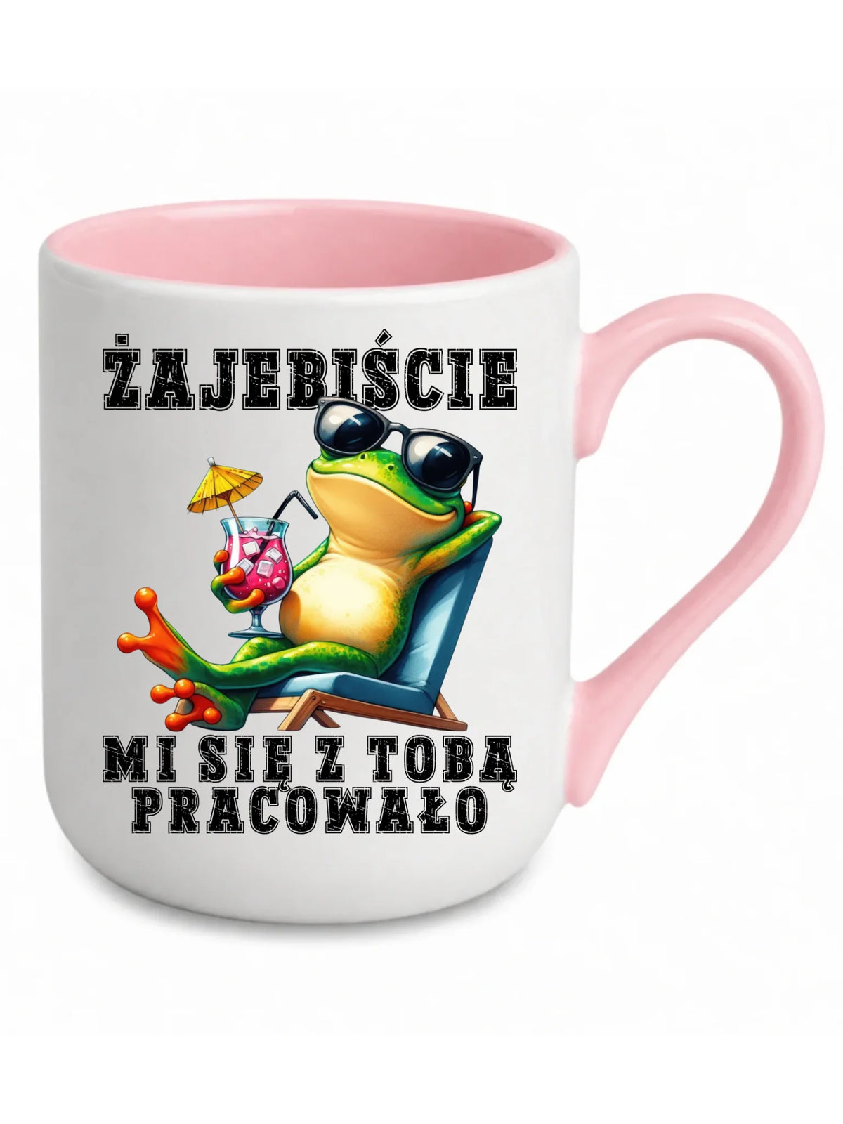 Biały kubek elegant z różowym środkiem i uchem dla współpracownika - Żajebiście mi się z Tobą pracowało