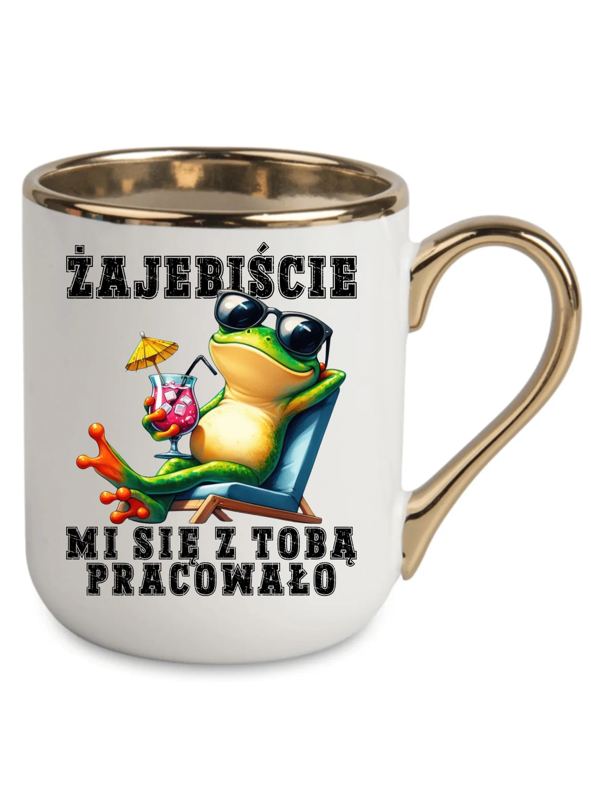 Biały kubek elegant ze złotym rantem i uchem dla współpracownika - Żajebiście mi się z Tobą pracowało