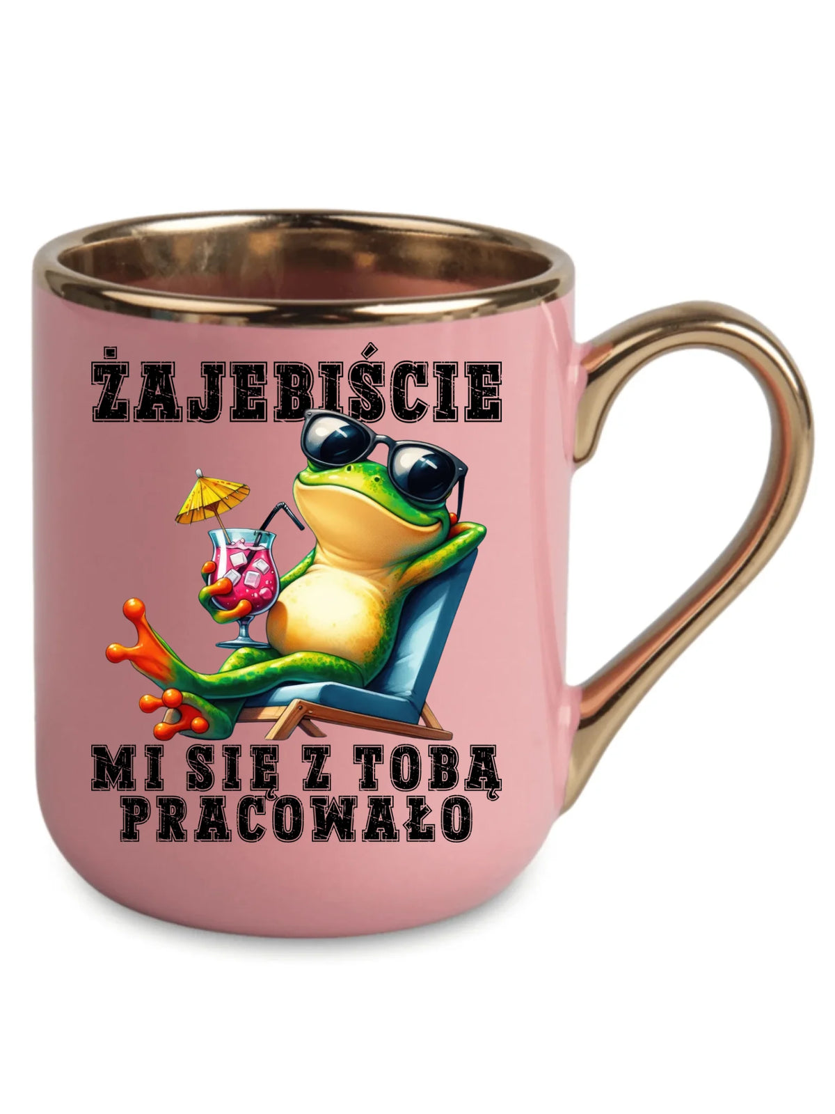 Różowy kubek elegant ze złotym rantem i uchem dla współpracownika - Żajebiście mi się z Tobą pracowało