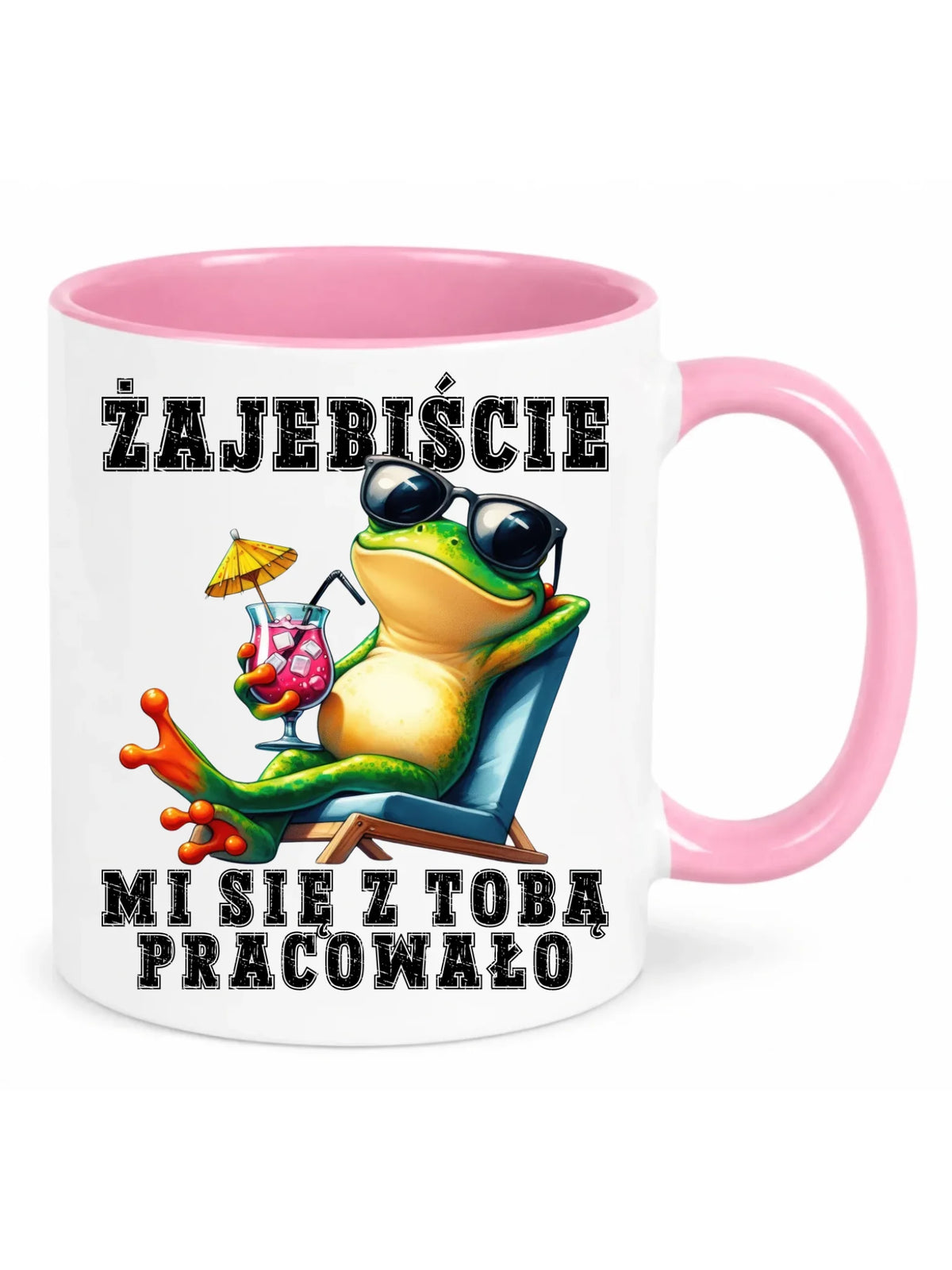 Biały kubek z różowym środkiem i uchem dla współpracownika - Żajebiście mi się z Tobą pracowało