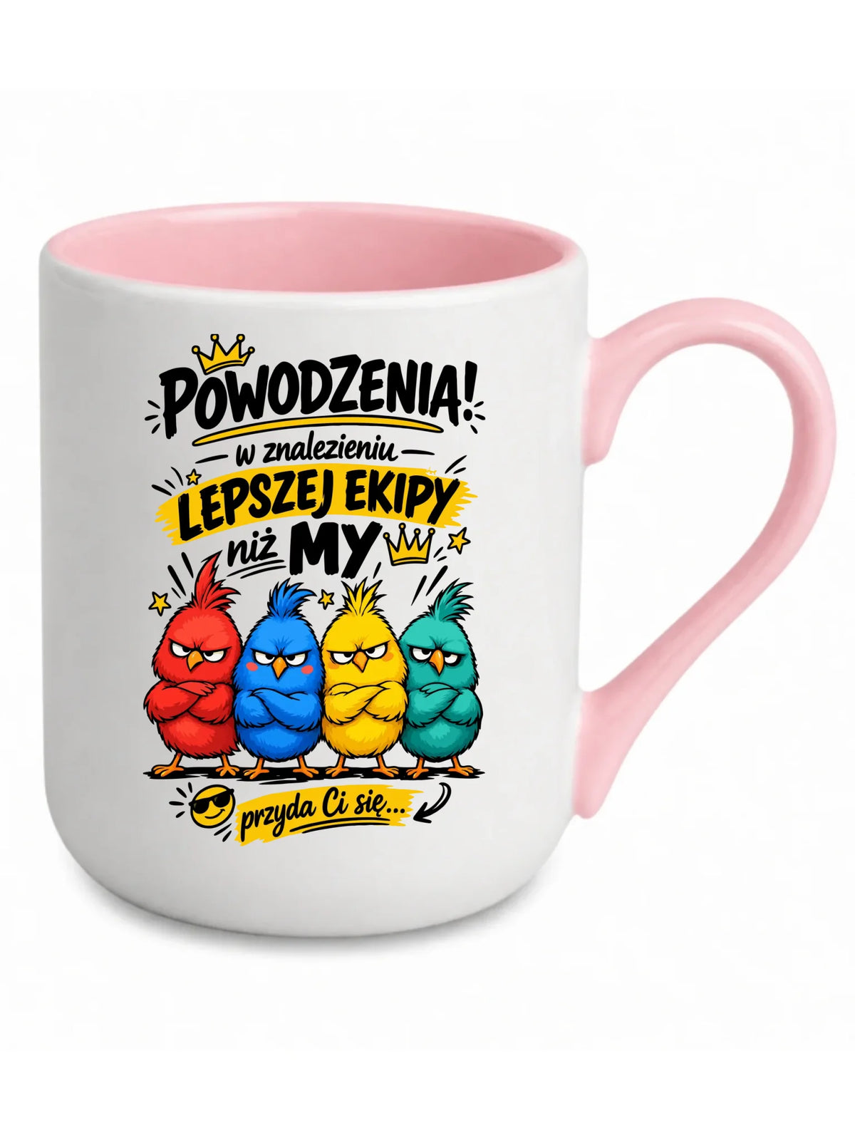 Biały kubek elegant z różowym środkiem i uchem dla współpracownika - Powodzenia w znalezieniu lepszej ekipy