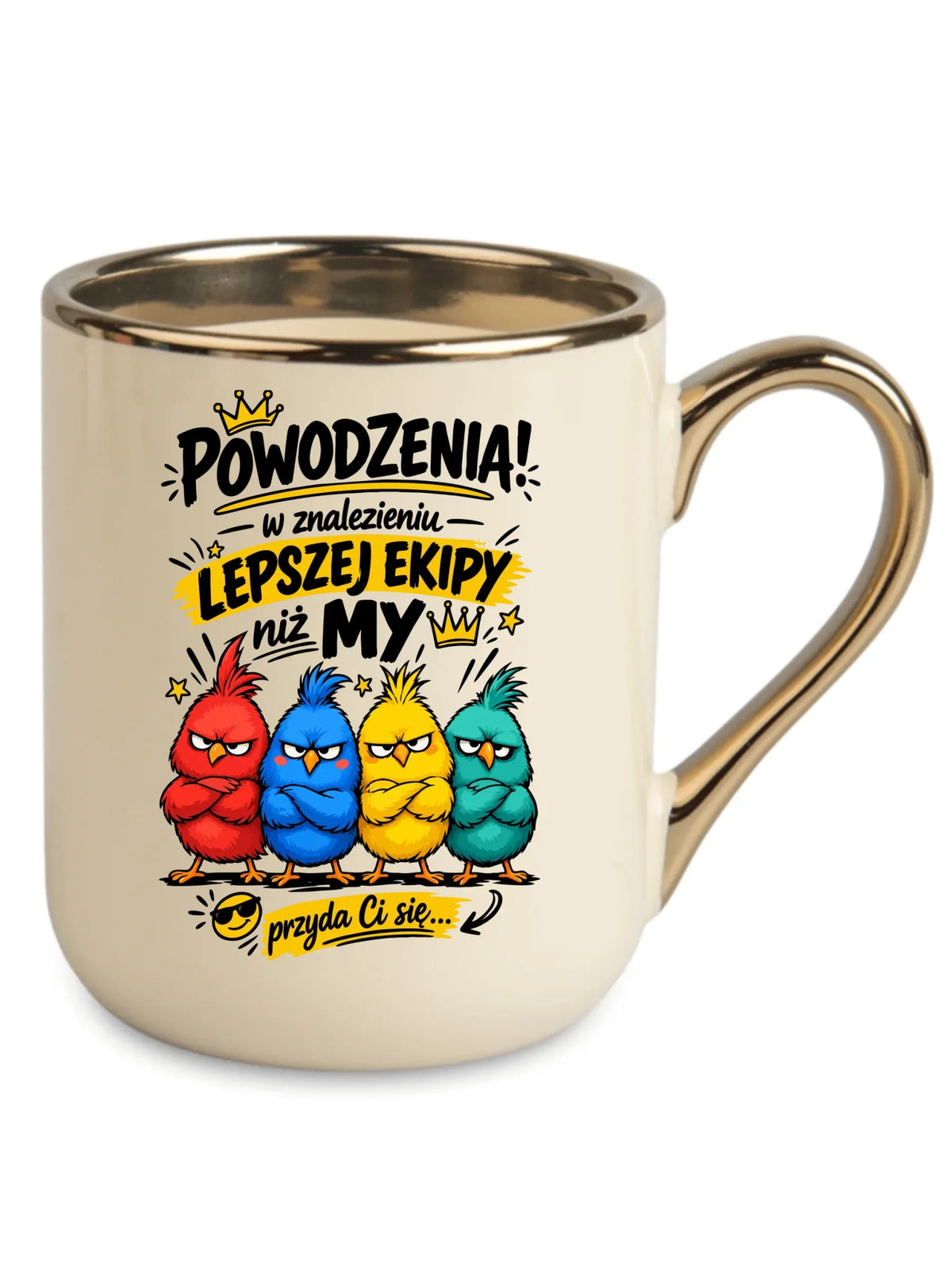 Kremowy kubek elegant ze złotym rantem i uchem dla współpracownika - Powodzenia w znalezieniu lepszej ekipy