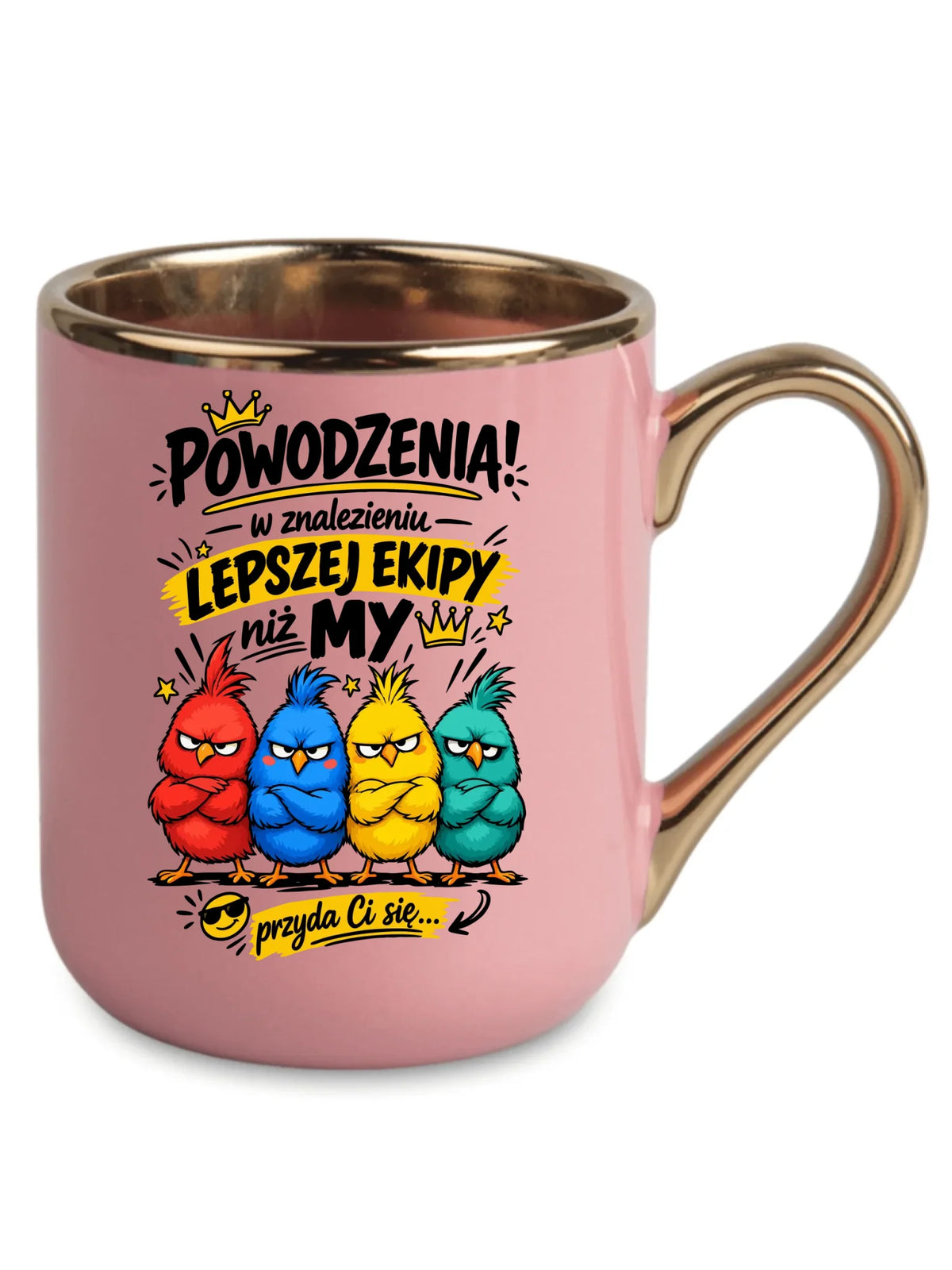 Różowy kubek elegant ze złotym rantem i uchem dla współpracownika - Powodzenia w znalezieniu lepszej ekipy