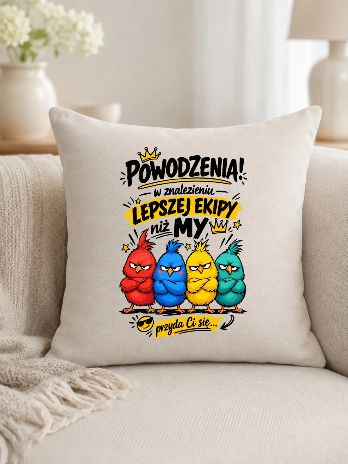 Prezent na odejście z pracy, beżowa poduszka lniana z nadrukiem - Powodzenia w znalezieniu lepszej ekipy