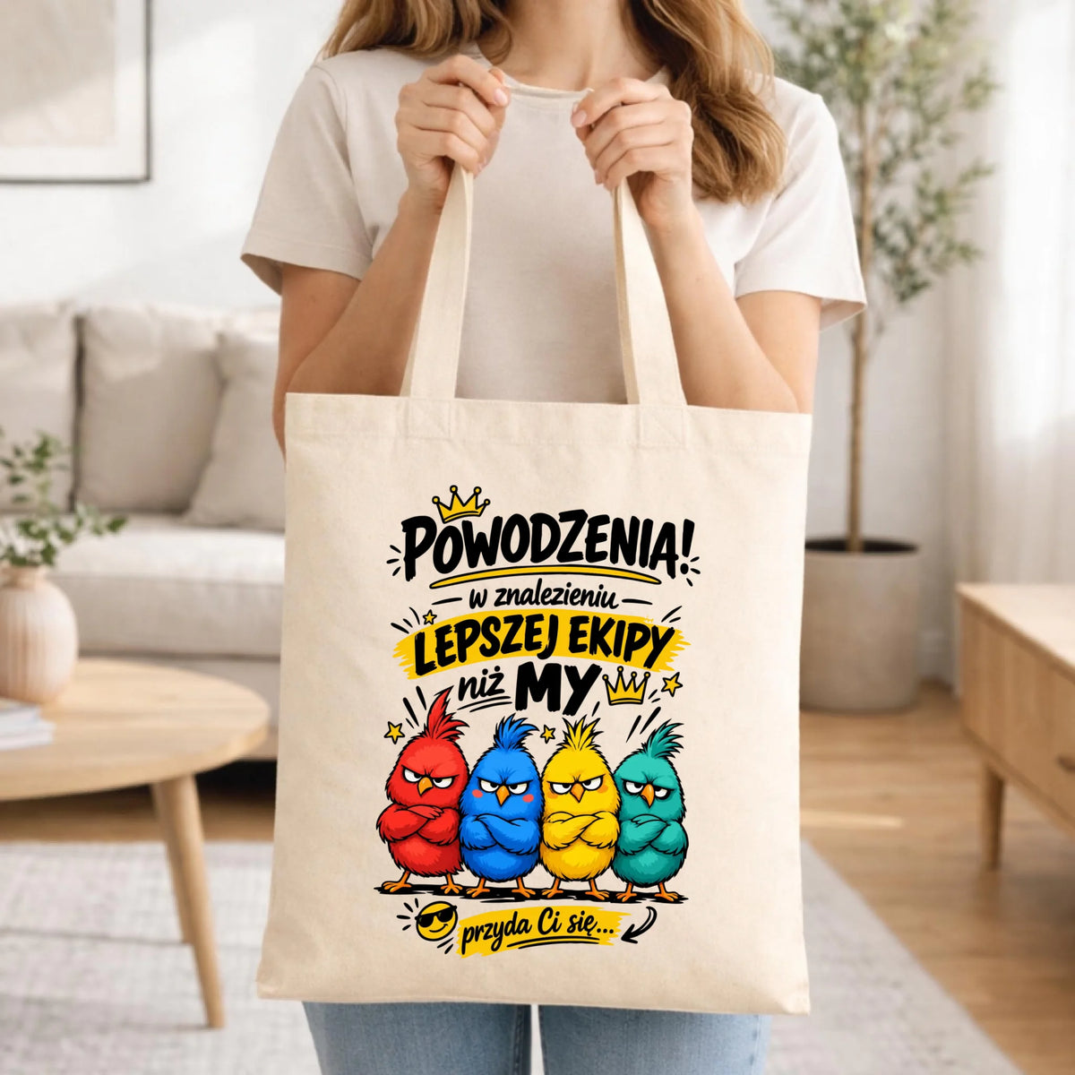 Prezent na odejście z pracy, torba w kolorze naturalnym z nadrukiem - Powodzenia w znalezieniu lepszej ekipy