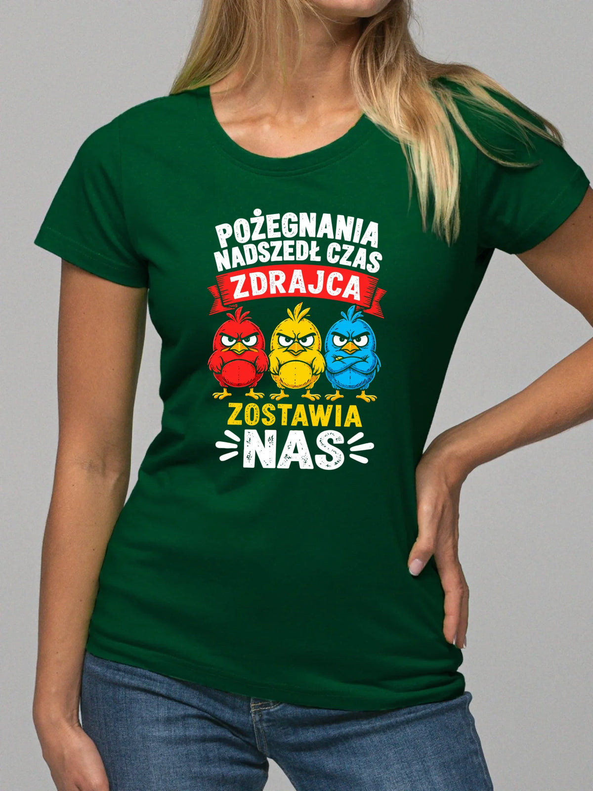 Prezent na odejście z pracy, zielona koszulka damska z nadrukiem - Zdrajca zostawia nas