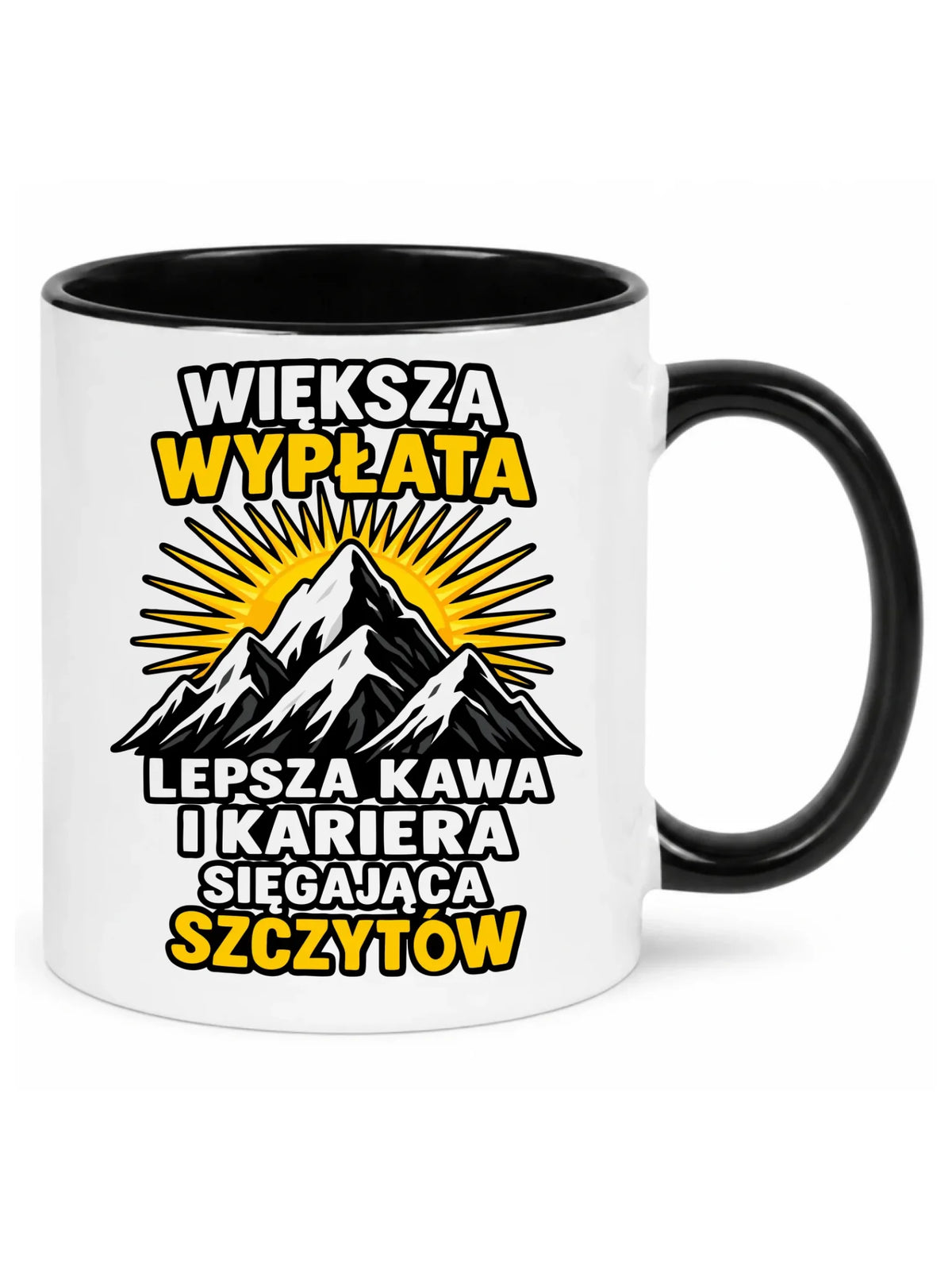 Biały kubek z czarnym środkiem i uchem dla koleżanki z pracy - Większa wypłata, lepsza kawa