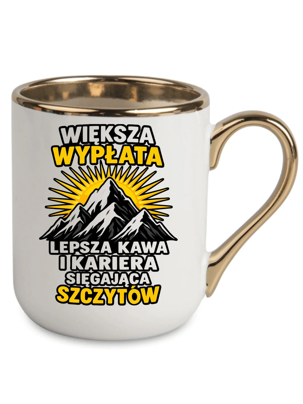 Biały kubek elegant ze złotym rantem i uchem dla współpracownika - Większa wypłata, lepsza kawa