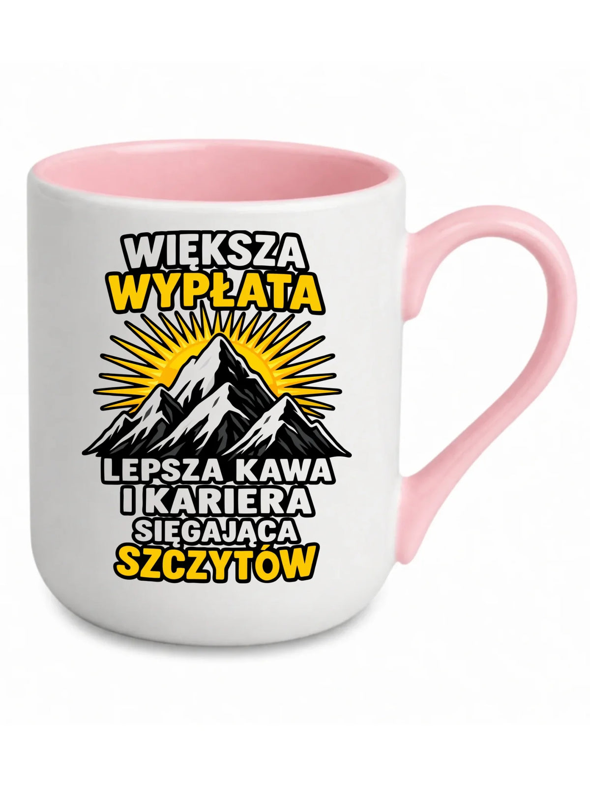Biały kubek elegant z różowym środkiem i uchem dla współpracownika - Większa wypłata, lepsza kawa