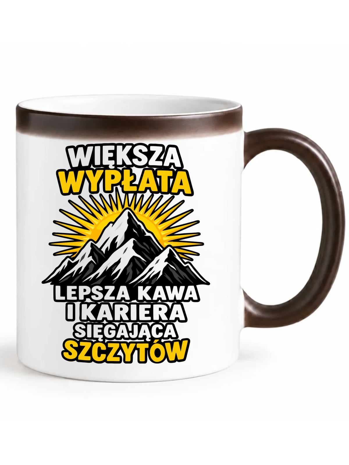 Biały magiczny kubek z czarnym uchem i widocznym nadrukiem dla współpracownika - Większa wypłata, lepsza kawa