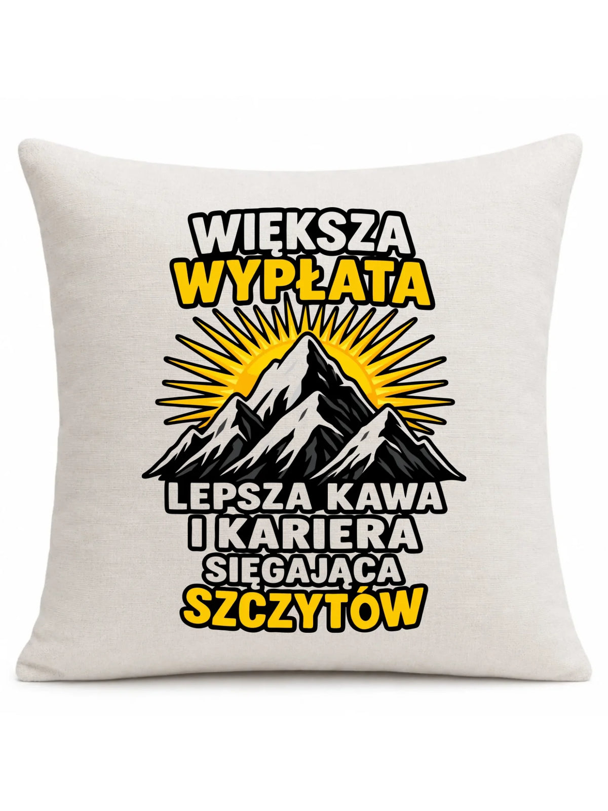 Beżowa poduszka lniana dla koleżanki z pracy - Większa wypłata, lepsza kawa
