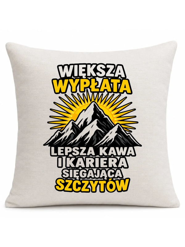 Beżowa poduszka lniana dla koleżanki z pracy - Większa wypłata, lepsza kawa