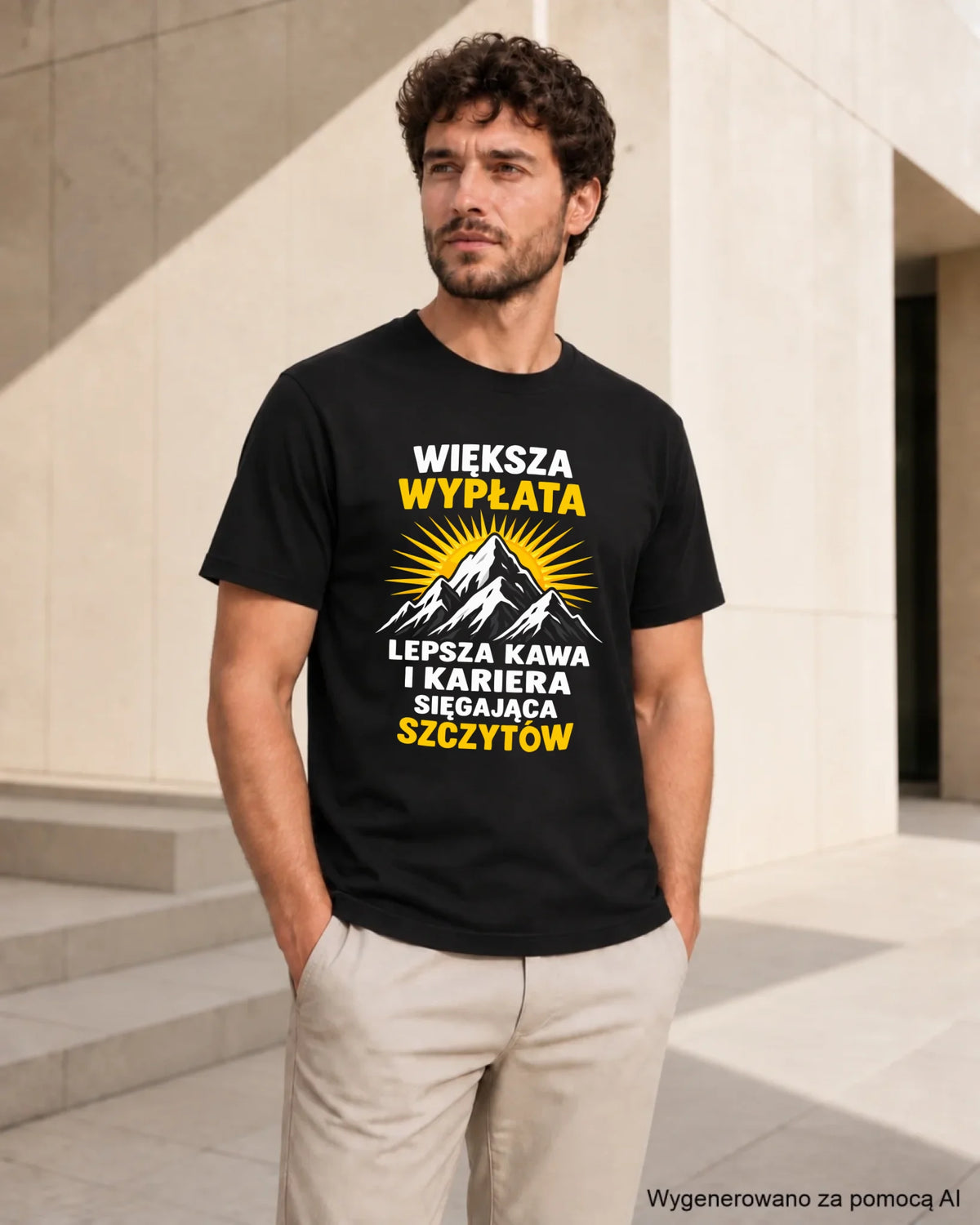 Prezent na odejście z pracy, czarna koszulka męska z nadrukiem - Większa wypłata, lepsza kawa
