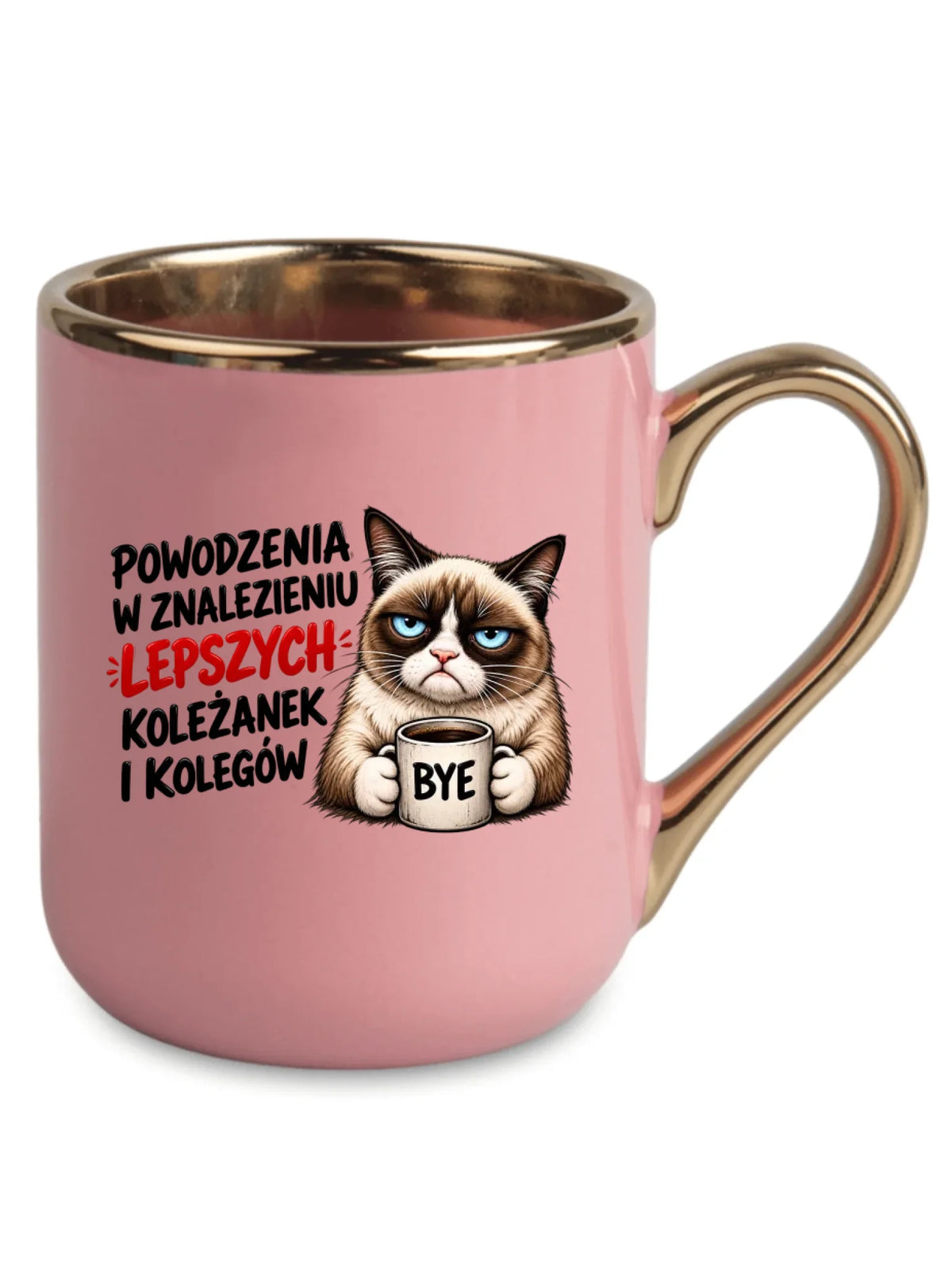 Różowy kubek elegant ze złotym rantem i uchem dla współpracownika - Lepszych koleżanek i kolegów