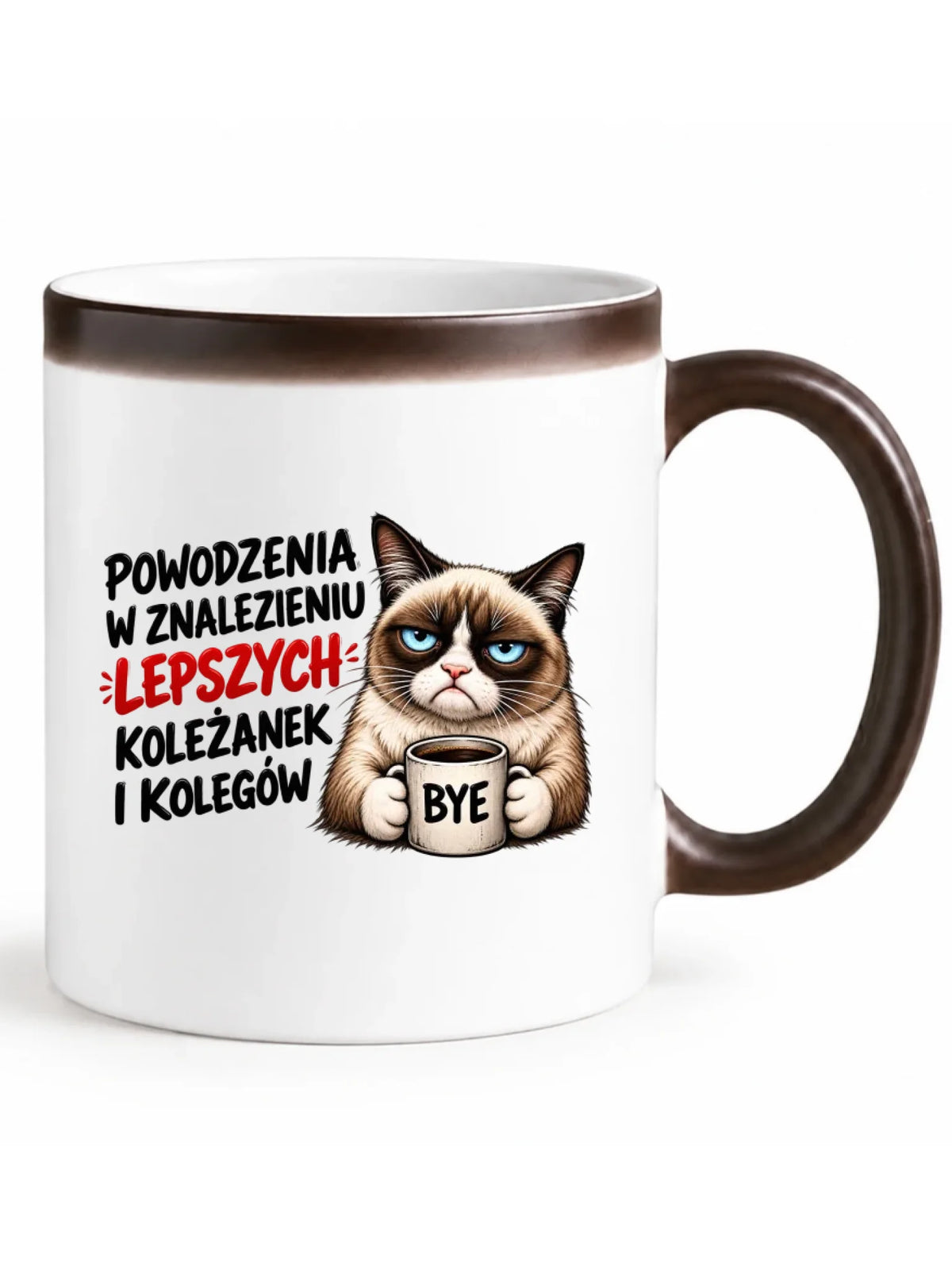 Biały magiczny kubek z czarnym uchem i widocznym nadrukiem dla współpracownika - Lepszych koleżanek i kolegów