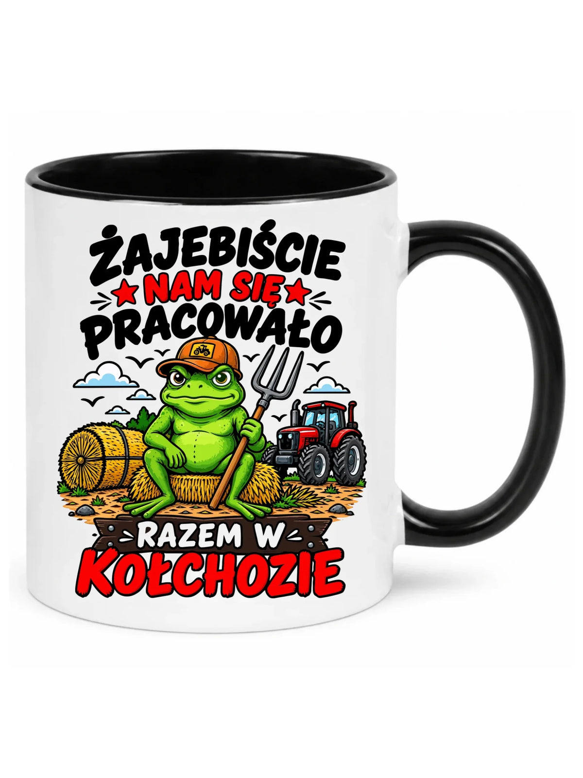 Biały kubek z czarnym środkiem na pożegnanie w pracy - Razem w kołchozie
