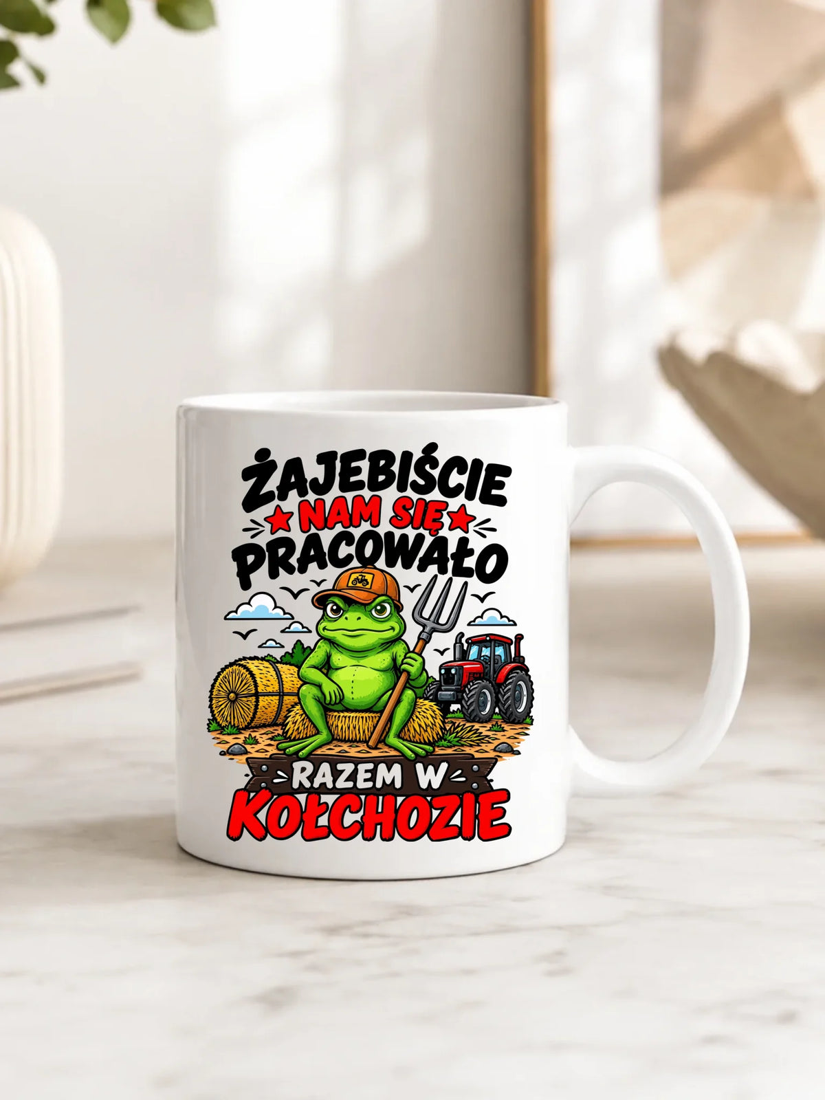 Prezent na pożegnanie w pracy biały kubek z nadrukiem - Razem w kołchozie