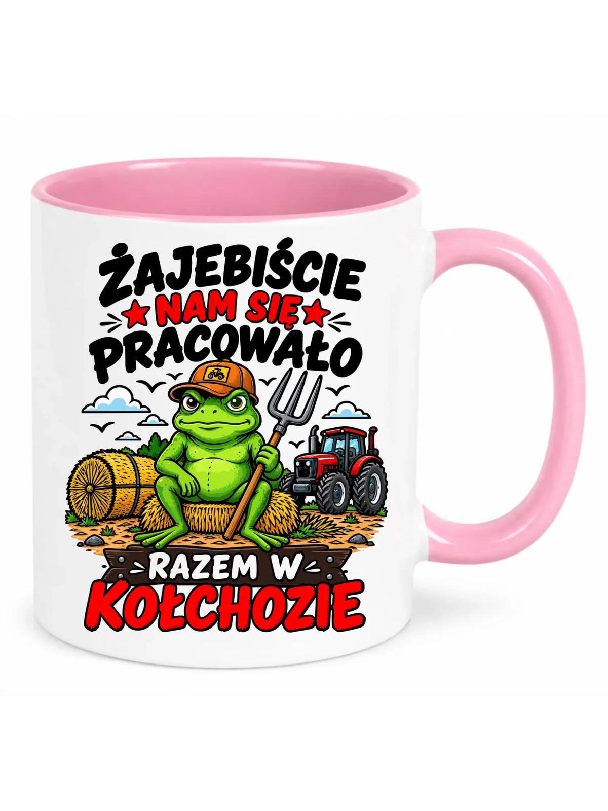 Biały kubek z różowym środkiem na odejście z pracy - Razem w kołchozie