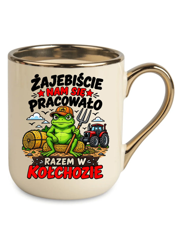 Kremowy kubek elegant ze złotym rantem na odejście z pracy - Razem w kołchozie