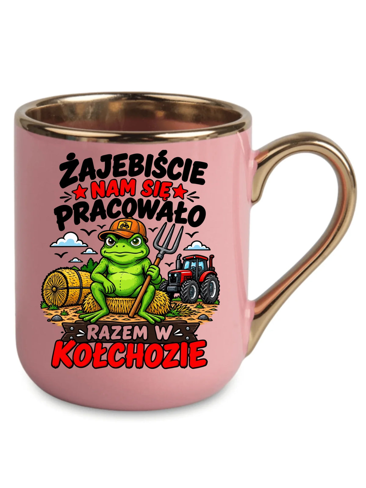 Różowy kubek elegant ze złotym rantem na odejście z pracy - Razem w kołchozie