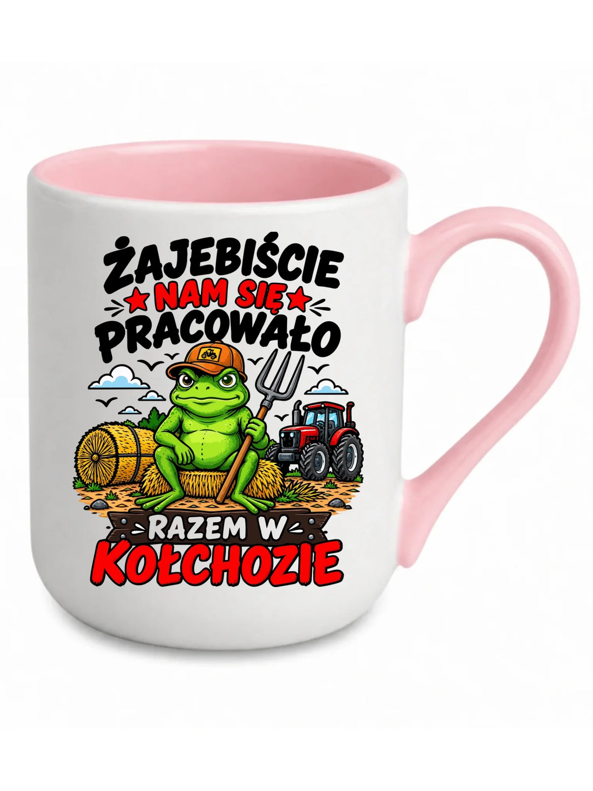 Biały kubek elegant z różowym środkiem na odejście z pracy - Razem w kołchozie
