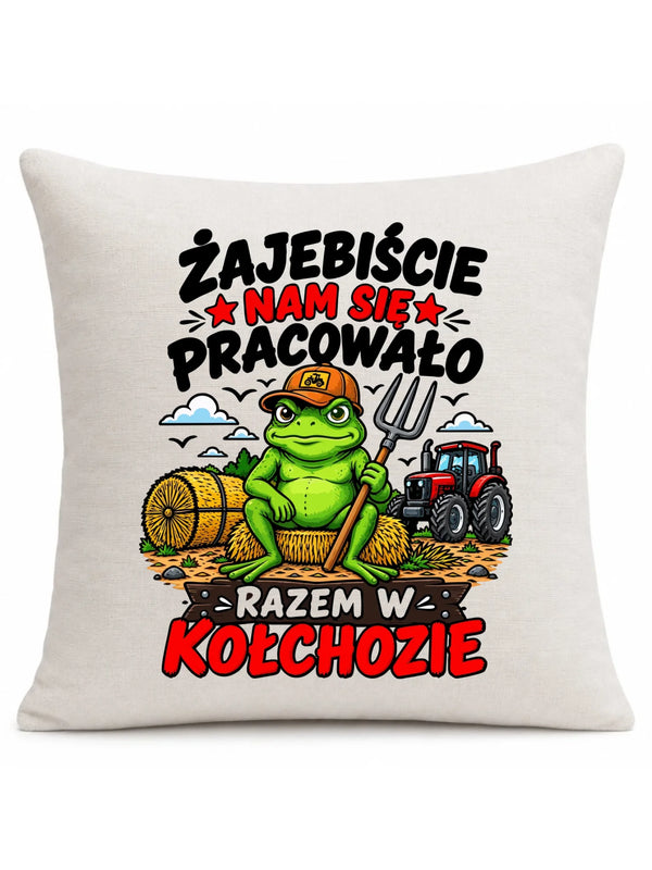 Beżowa poduszka lniana na pożegnanie w pracy - Razem w kołchozie