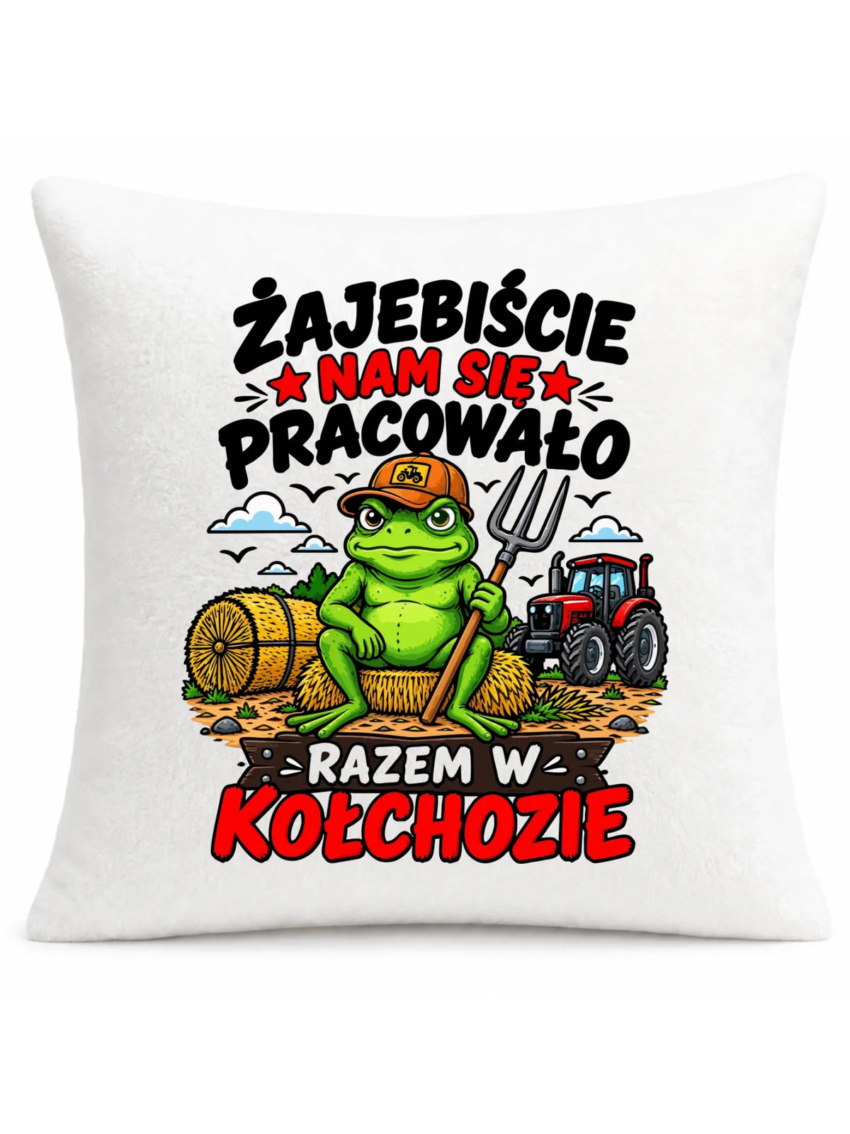 Biała poduszka pluszowa na odejście z pracy - Razem w kołchozie