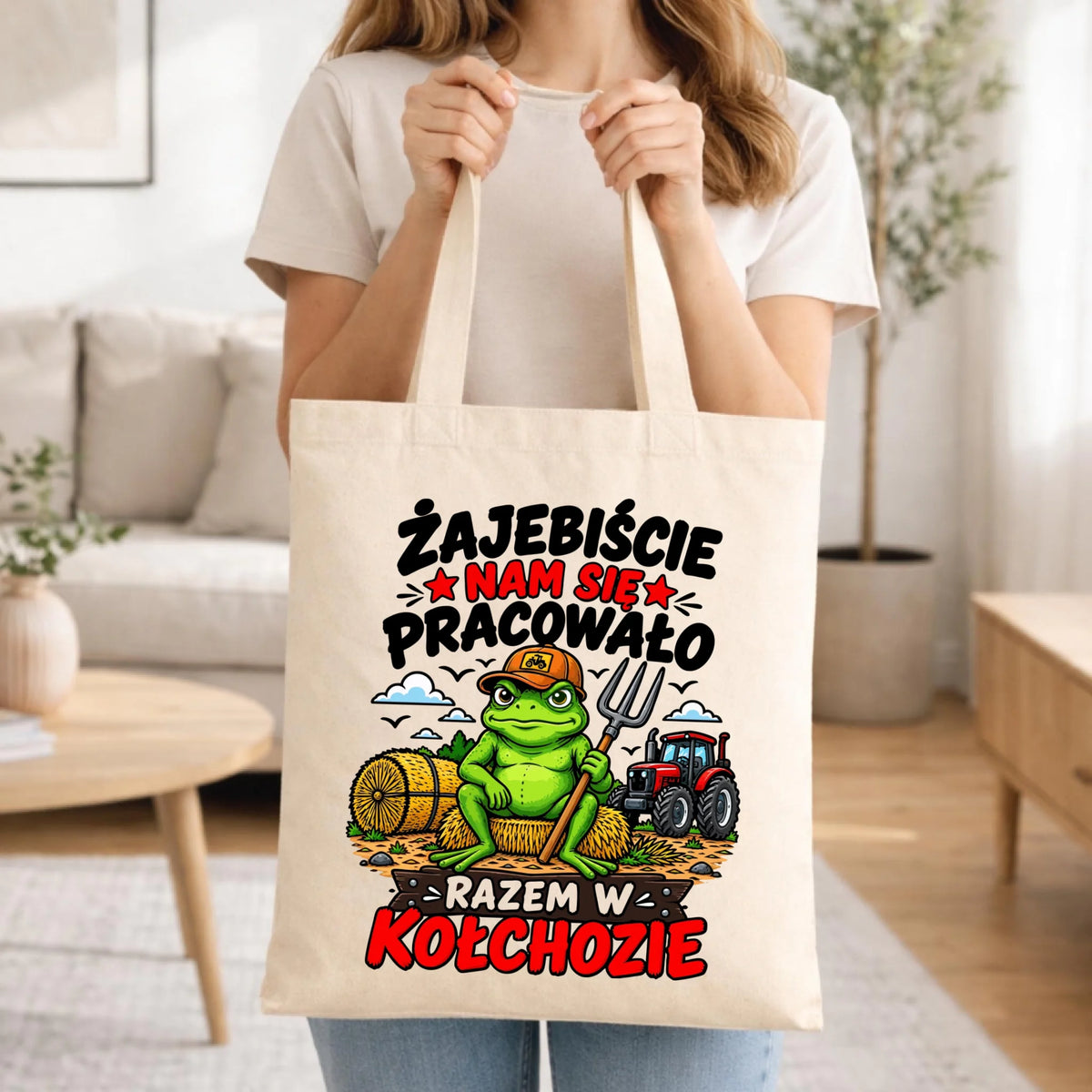 Prezent na pożegnanie w pracy torba w kolorze naturalnym z nadrukiem - Razem w kołchozie