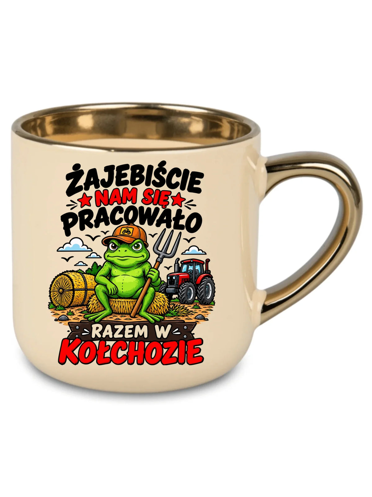 Kremowy kubek ze złotym rantem na pożegnanie w pracy - Razem w kołchozie