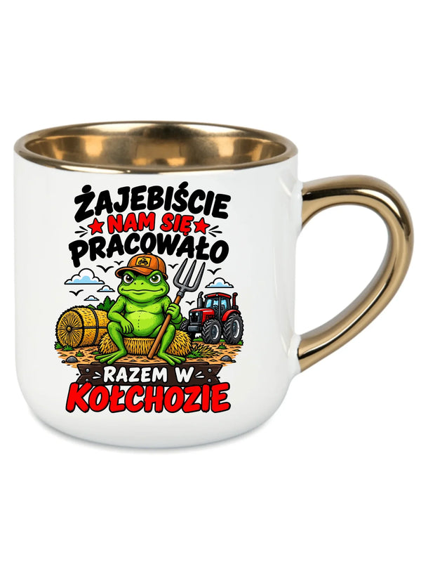 Biały kubek ze złotym rantem na odejście z pracy - Razem w kołchozie