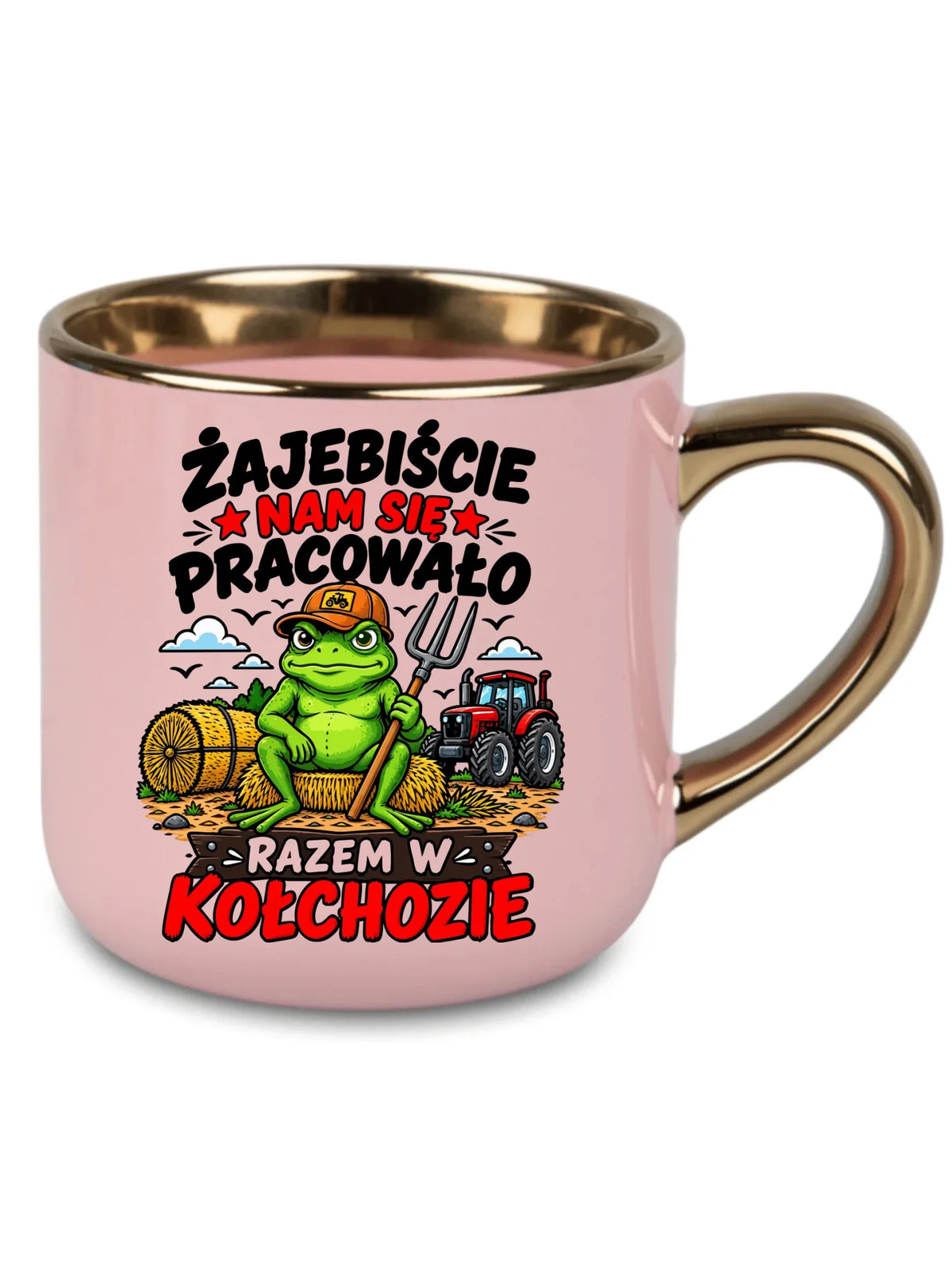 Różowy kubek ze złotym rantem na odejście z pracy - Razem w kołchozie