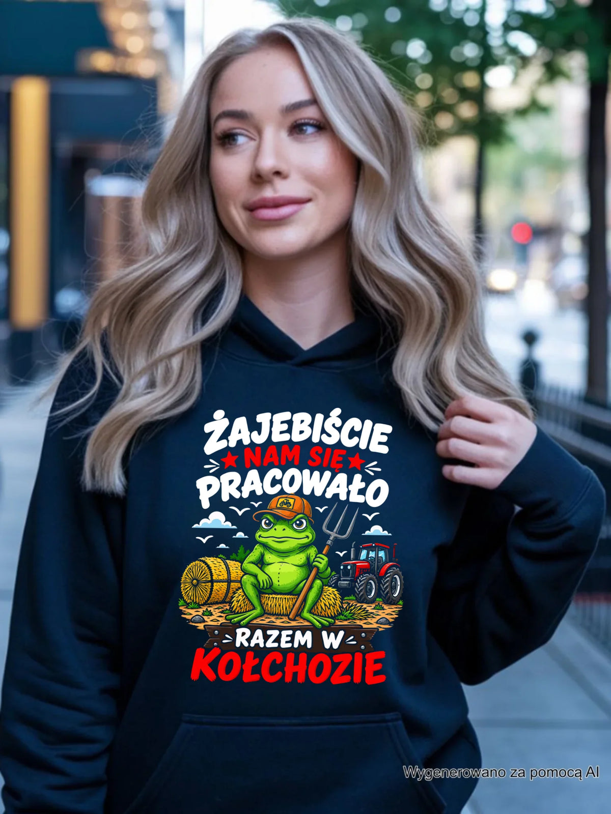 Prezent na pożegnanie w pracy czarna bluza damska z kapturem z nadrukiem - Razem w kołchozie