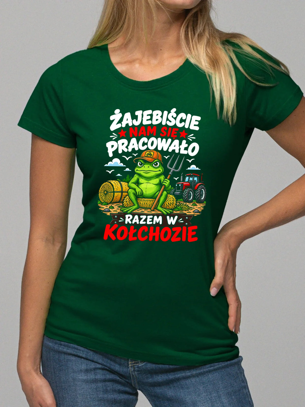 Prezent na pożegnanie w pracy zielona koszulka damska z nadrukiem - Razem w kołchozie