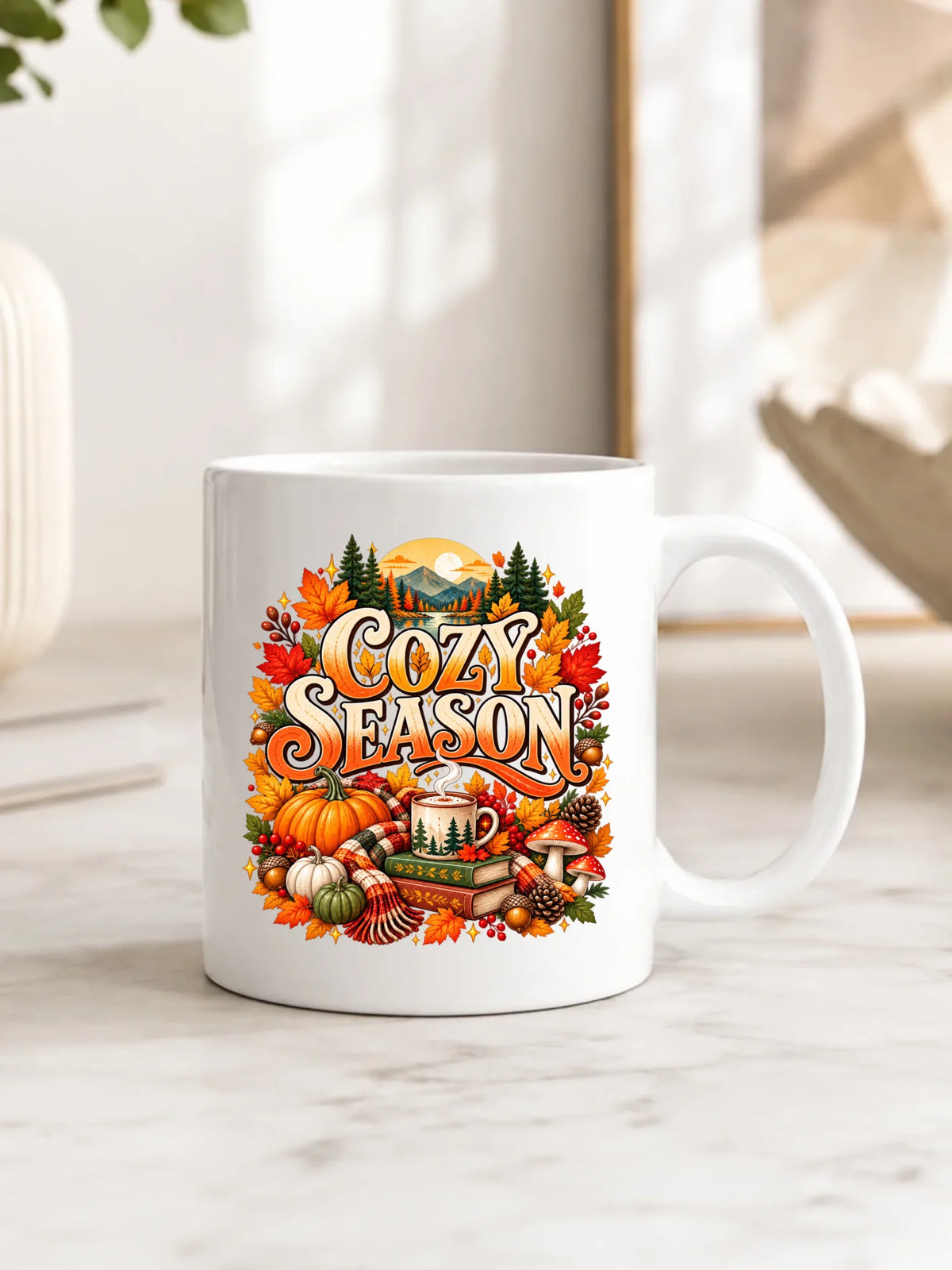 Prezent na jesień biały kubek z nadrukiem - Cozy Season