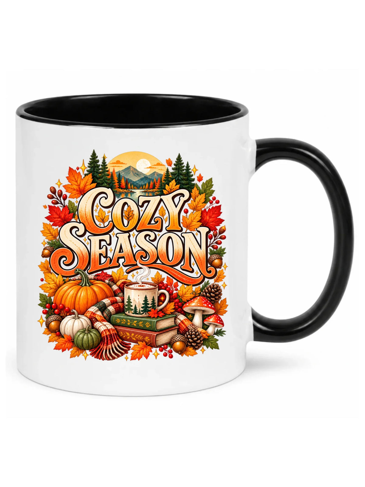 Biały kubek z czarnym środkiem na jesień - Cozy Season
