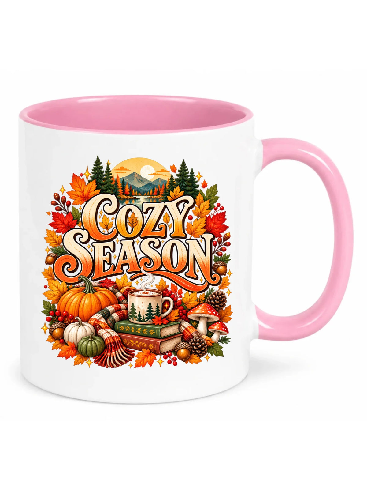 Biały kubek z różowym środkiem na jesień - Cozy Season