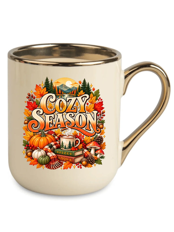 Kremowy kubek elegant ze złotym rantem na jesień - Cozy Season