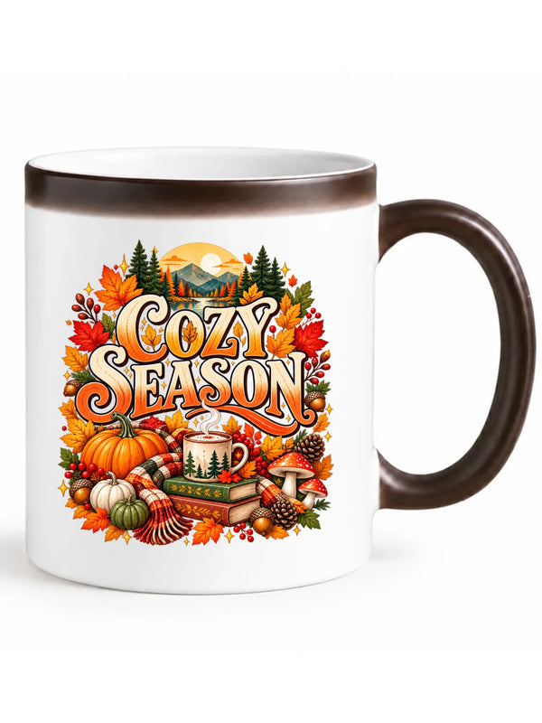 Biały kubek magiczny z widocznym nadrukiem na jesień - Cozy Season
