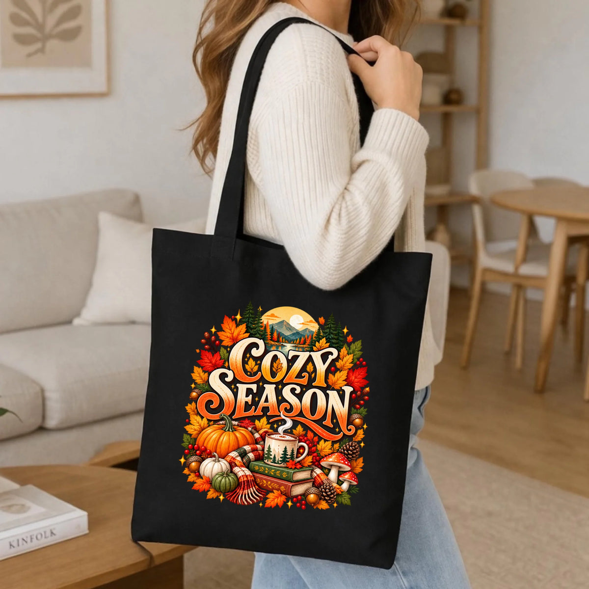 Prezent na jesień czarna torba z nadrukiem - Cozy Season
