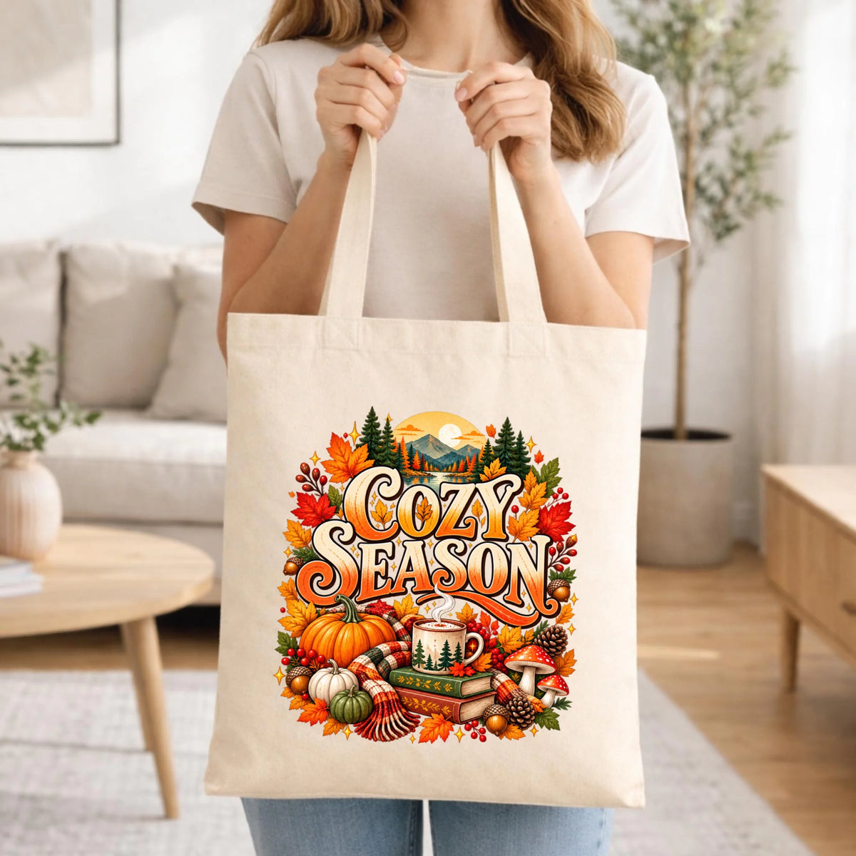 Prezent na jesień torba w kolorze naturalnym z nadrukiem - Cozy Season