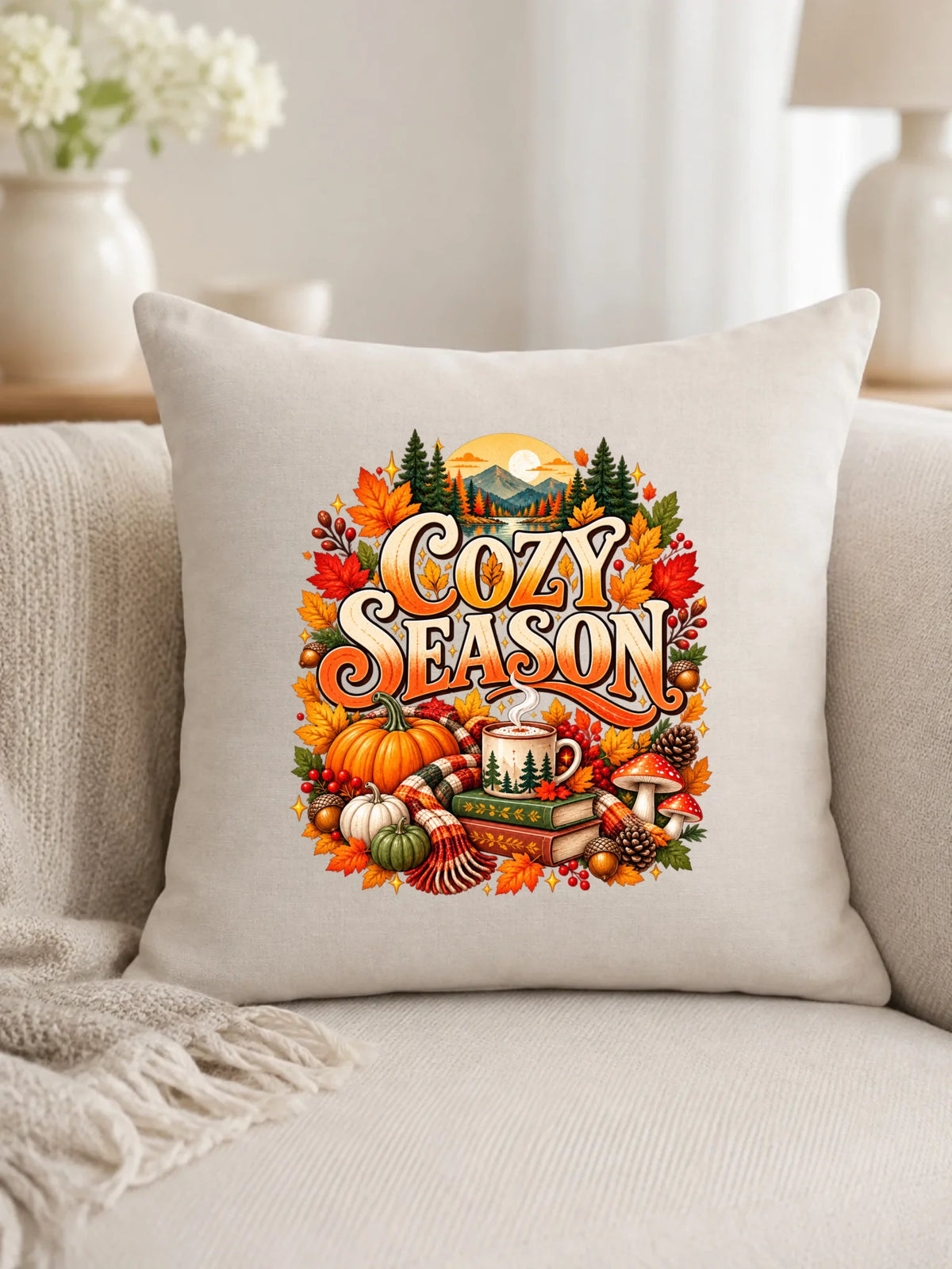 Prezent na jesień beżowa poduszka lniana z nadrukiem - Cozy Season