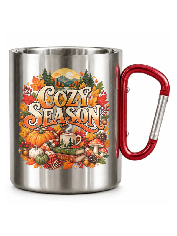 Srebrny kubek turystyczny z karabińczykiem na jesień - Cozy Season