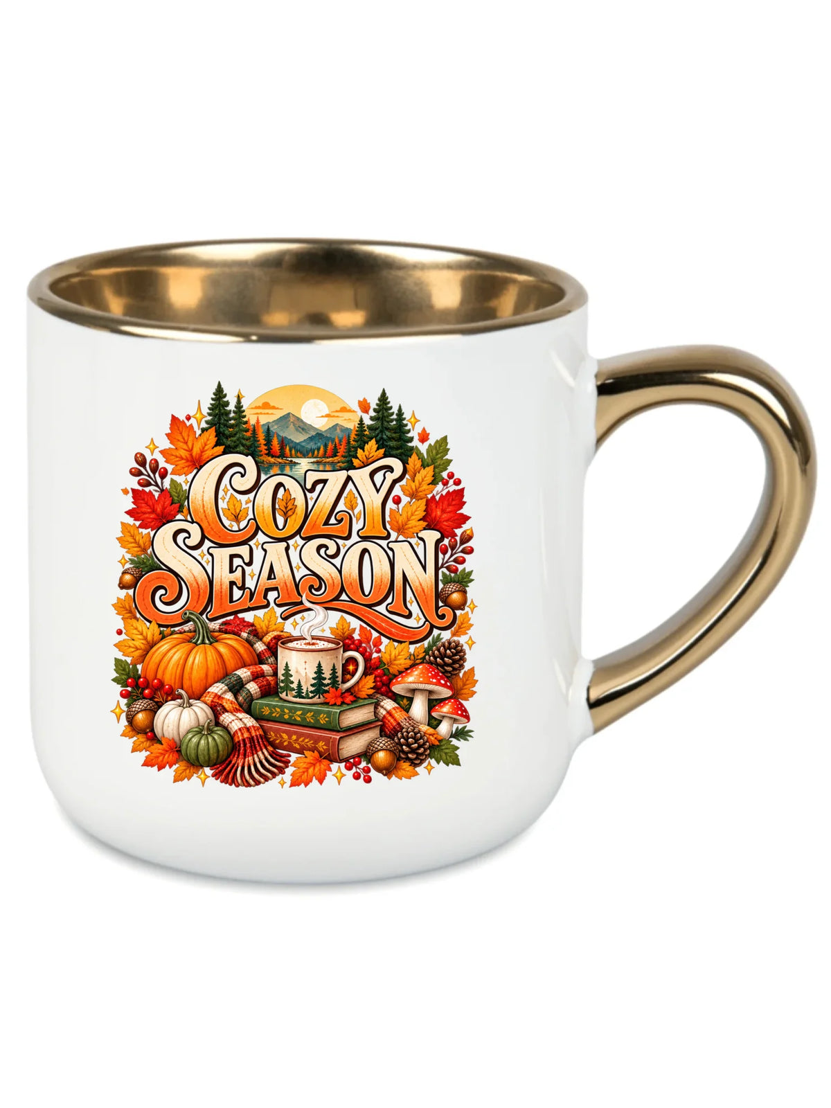 Biały kubek ze złotym rantem na jesień - Cozy Season