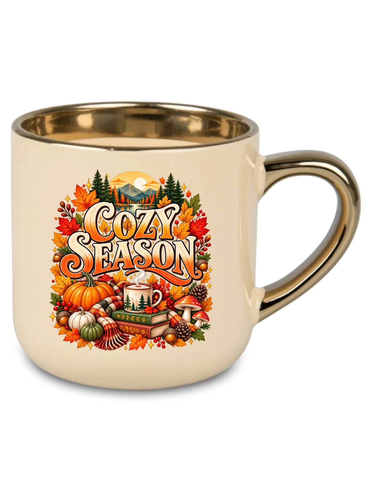 Kremowy kubek ze złotym rantem na jesień - Cozy Season