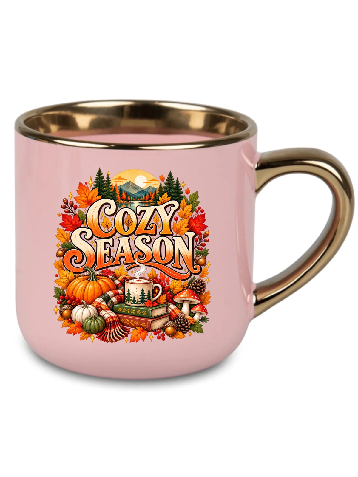 Różowy kubek ze złotym rantem na jesień - Cozy Season