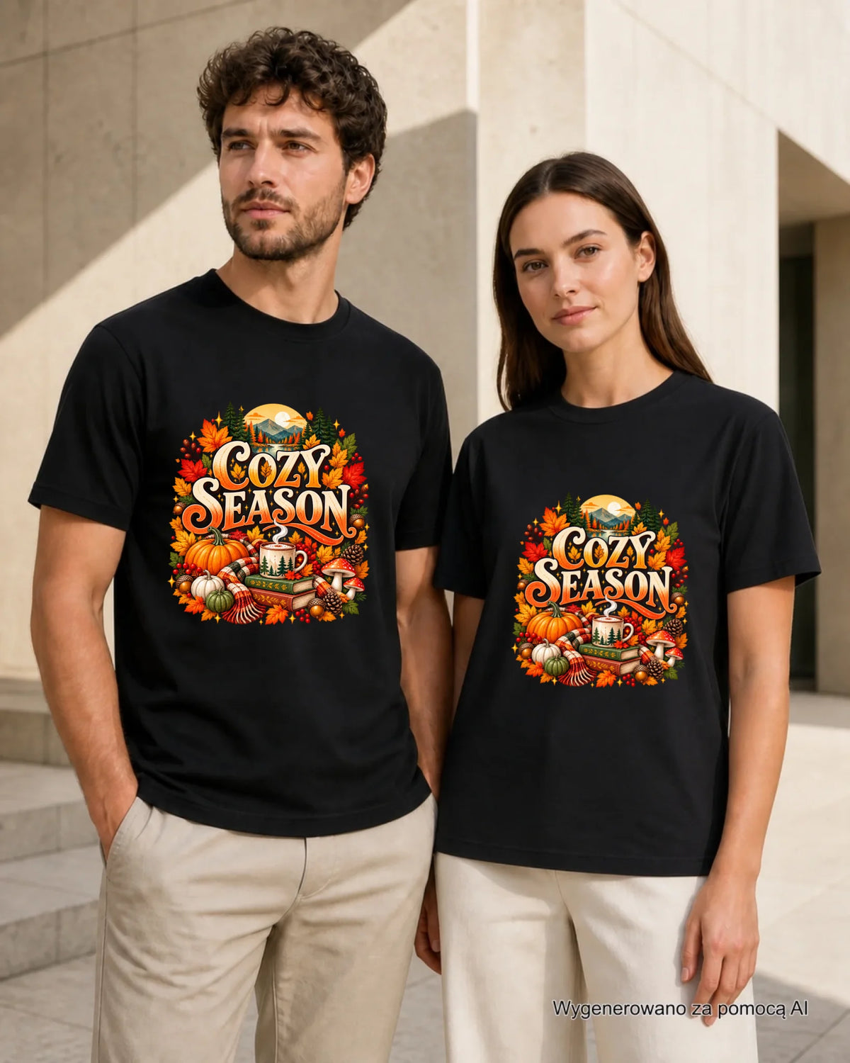 Prezent na jesień czarna koszulka z nadrukiem - Cozy Season